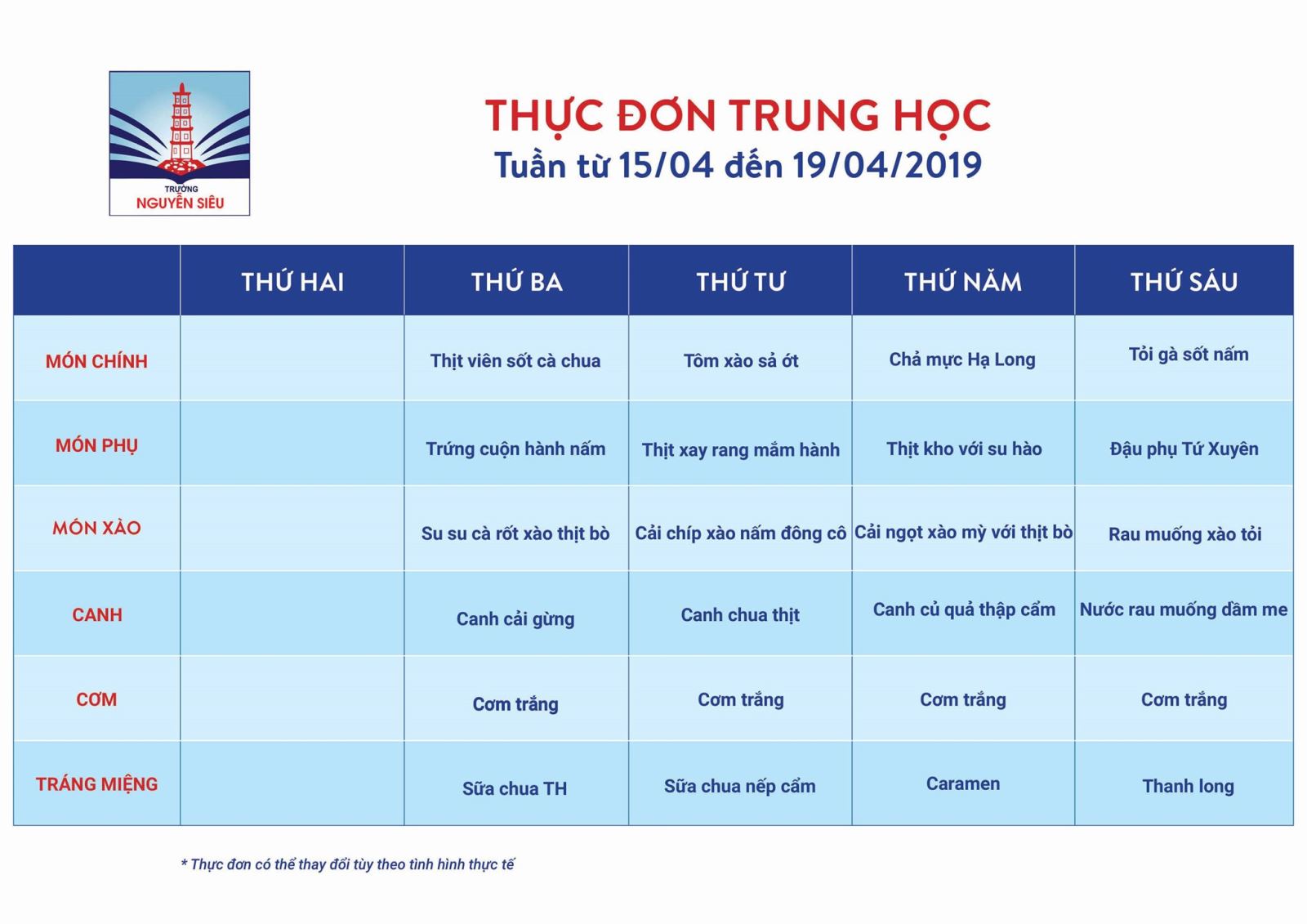 Thực đơn tuần từ 16-19/4/2019