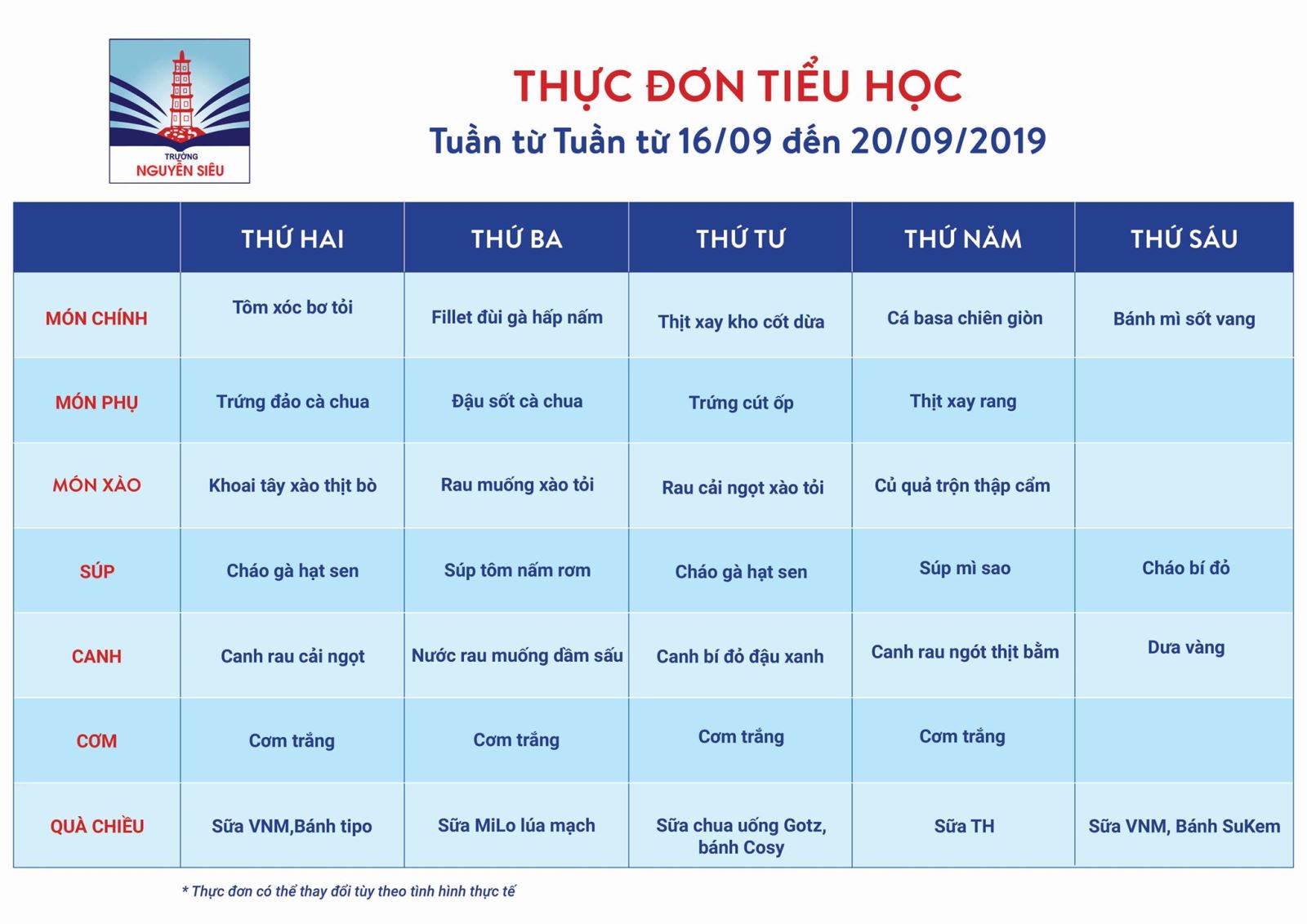 Thực đơn tuần từ 16-20/9/2019