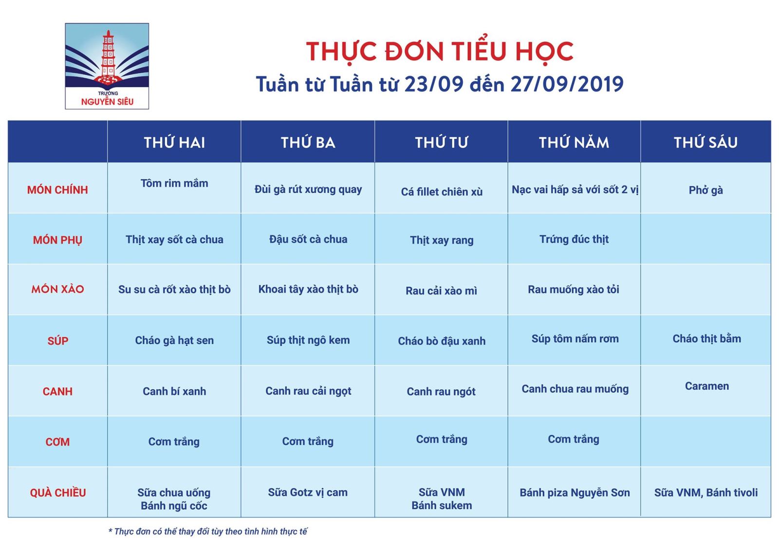 Thực đơn tuần từ 23-27/9/2019