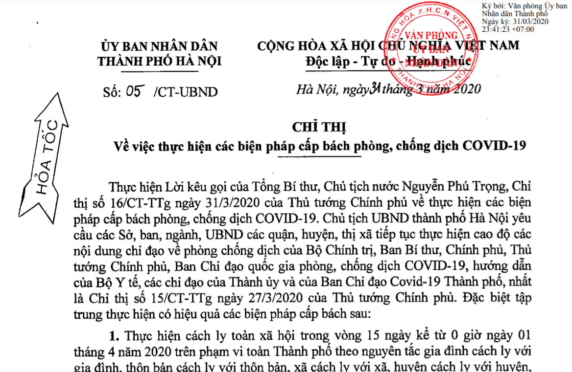 Chỉ thị  về việc thực hiện các biện pháp cấp bách phòng, chống dịch COVID-19