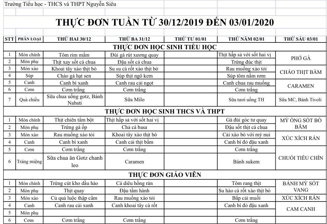 Thực đơn tuần 30/12/2019 đến 3/1/2020