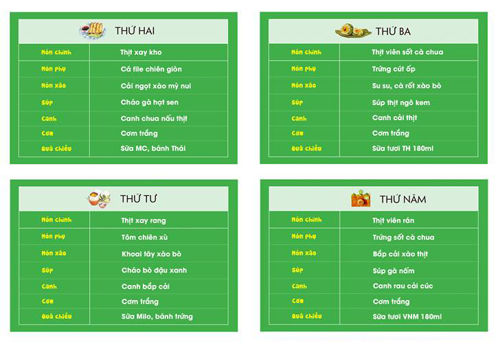 Thực đơn tuần từ 2 đến 6/4/2018