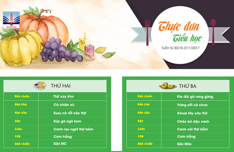 Thực đơn Tuần từ 30/10 đến 3/11