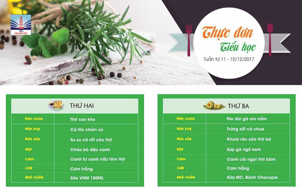 Thực đơn Tuần từ 11/12 - 15/12/2017